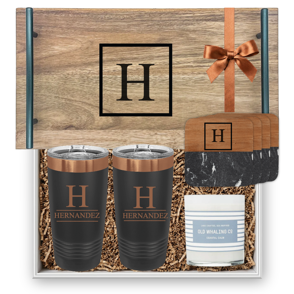 Acacia Wood Tray with Black Handles Personalized Gift Set | Laser Engraved | Closing Day Gifts