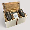 Closing Day Gifts personalized acacia wood tray gift set with engraved tumblers, marble coasters, and scented candle.