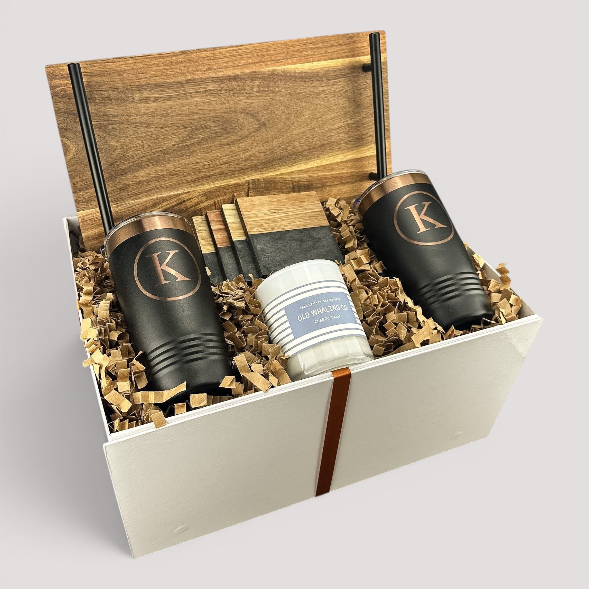 Closing Day Gifts personalized acacia wood tray gift set with engraved tumblers, marble coasters, and scented candle.