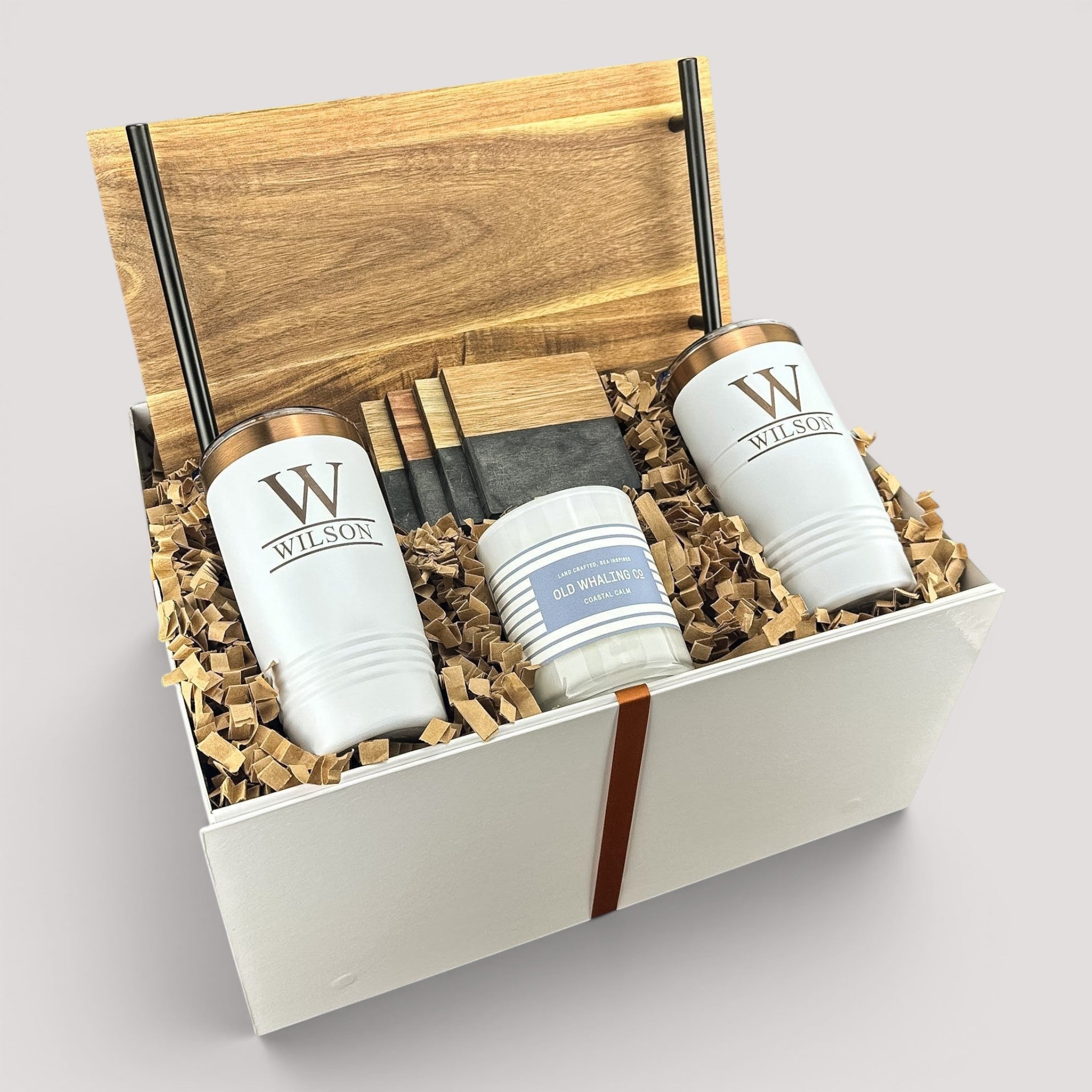 Closing Day Gifts personalized acacia wood tray gift set with engraved tumblers, marble coasters, and scented candle.