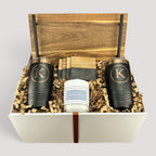 Closing Day Gifts personalized acacia wood tray gift set with black tumblers, marble coasters, and a scented candle.