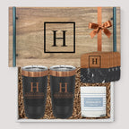 Closing Day Gifts personalized acacia wood tray set with engraved tumblers, marble coasters, and a scented candle.