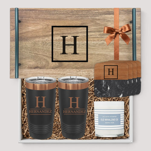 Closing Day Gifts personalized acacia wood tray set with engraved tumblers, marble coasters, and a scented candle.