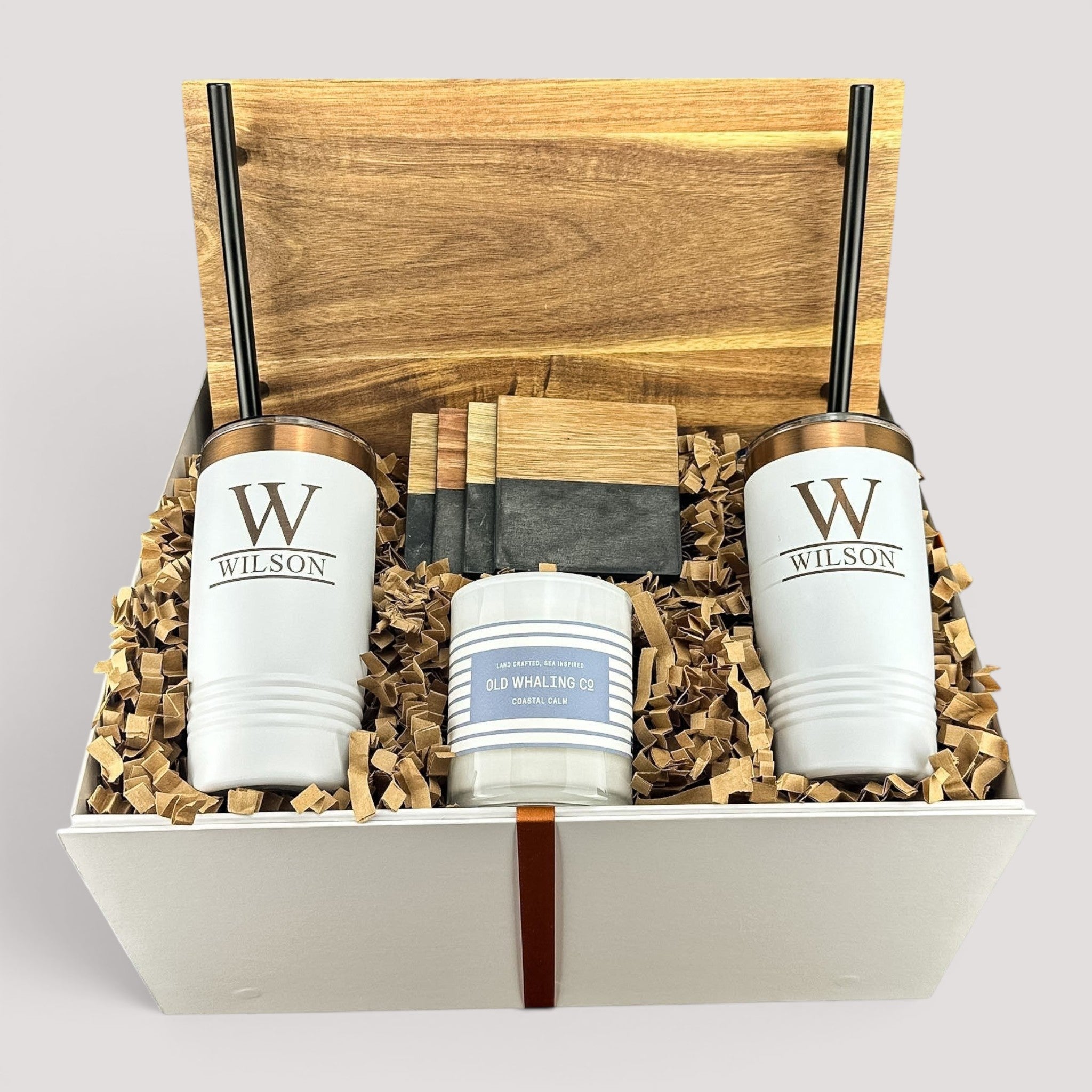 Closing Day Gifts personalized acacia wood tray set with engraved tumblers, marble coasters, and candle in a gift box.