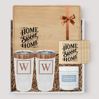 Closing Day Gifts personalized maple cutting board gift set with engraved tumblers, marble coasters, and candle.