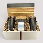 Closing Day Gifts personalized black marble and wood serving board set with engraved tumblers and candle in gift box