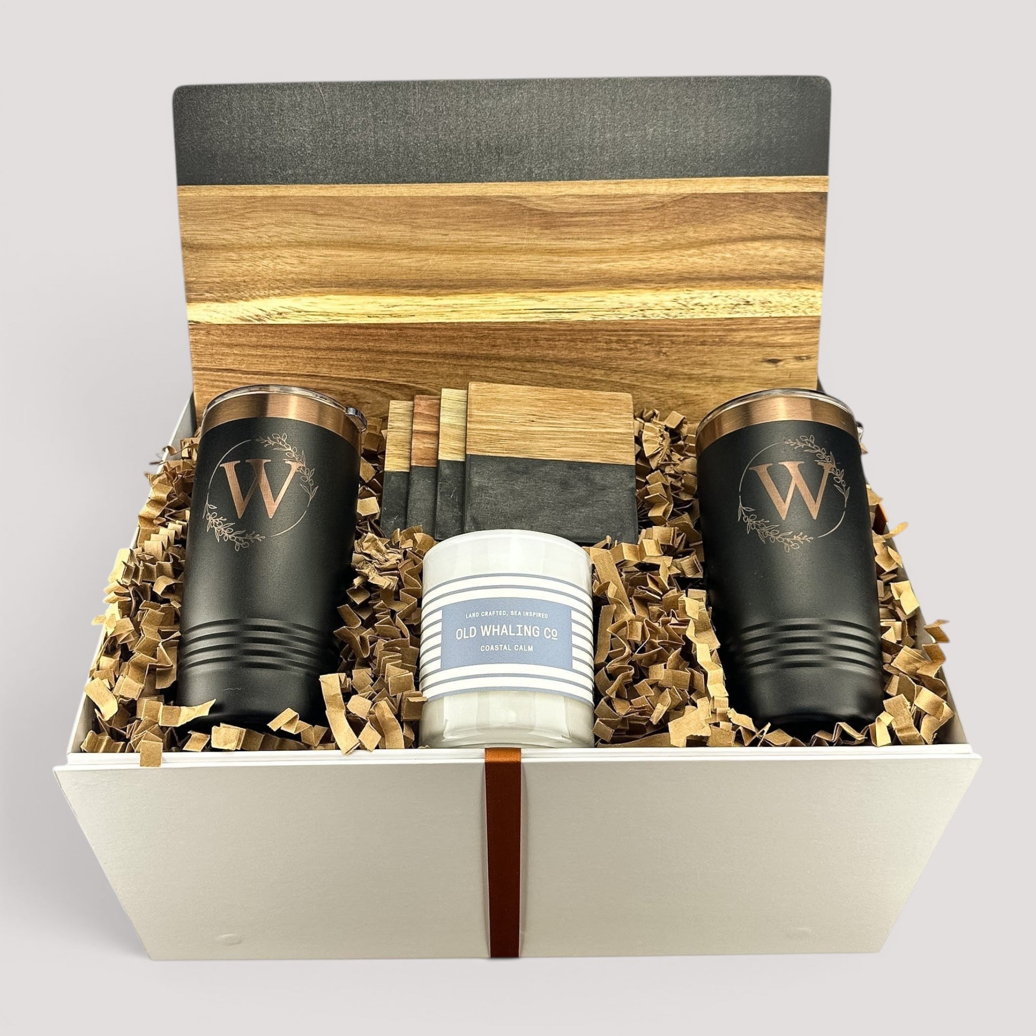 Closing Day Gifts personalized black marble and wood serving board set with engraved tumblers and candle in gift box