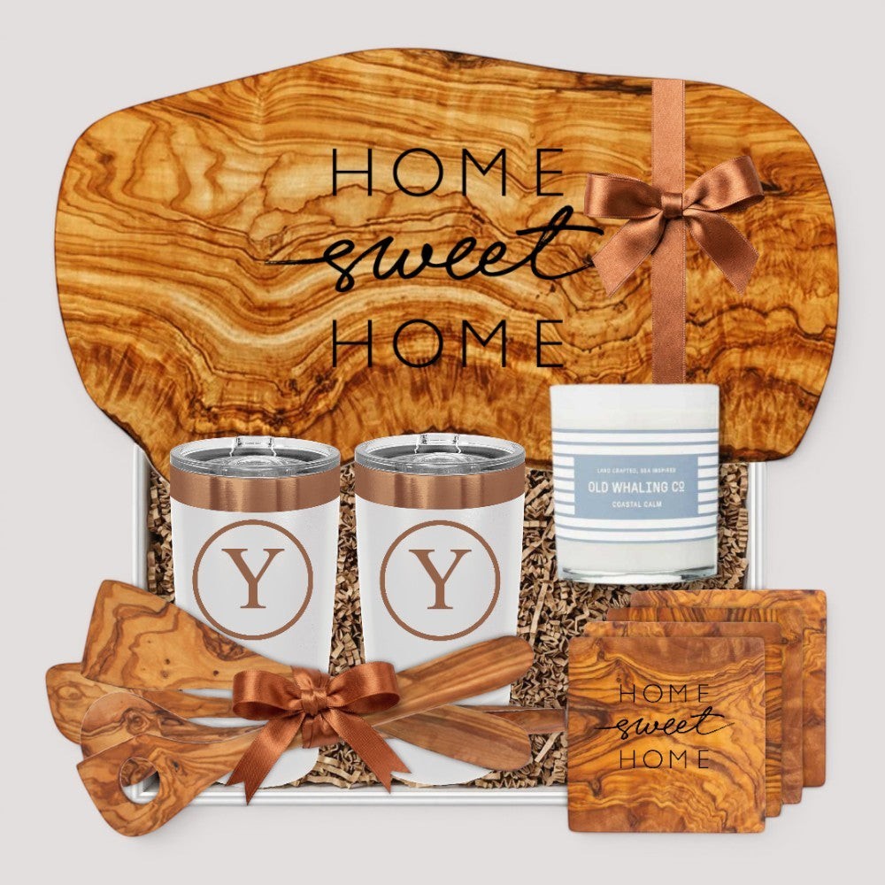 Closing Day Gifts personalized olive wood cutting board set with engraved tumblers, coasters, and Old Whaling Co candle.