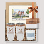 Closing Day Gifts personalized new home gift set with watercolor house print, engraved tumblers, coasters, and candle.