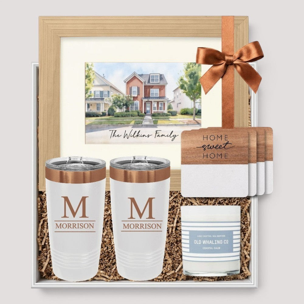Closing Day Gifts personalized new home gift set with watercolor house print, engraved tumblers, coasters, and candle.
