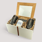 Closing Day Gifts personalized housewarming set with engraved tumblers, marble coasters, candle, and framed art in a box
