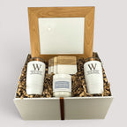 Closing Day Gifts personalized housewarming set with framed print, engraved tumblers, marble coasters, and soy candle.