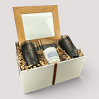 Closing Day Gifts personalized housewarming set with framed print, engraved tumblers, marble coasters, and soy candle.