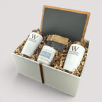 Closing Day Gifts personalized housewarming set with slate board, engraved tumblers, marble coasters, and soy candle.