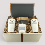 Closing Day Gifts personalized housewarming set with slate board, engraved tumblers, marble coasters, and soy candle.