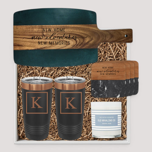 Closing Day Gifts personalized serving board, tumblers, coasters, and candle set in a keepsake gift box.
