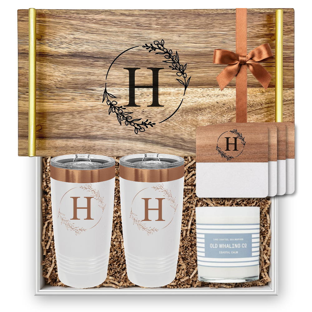 Acacia Wood Tray with Gold Handles Personalized Gift Set | Laser Engraved | Closing Day Gifts