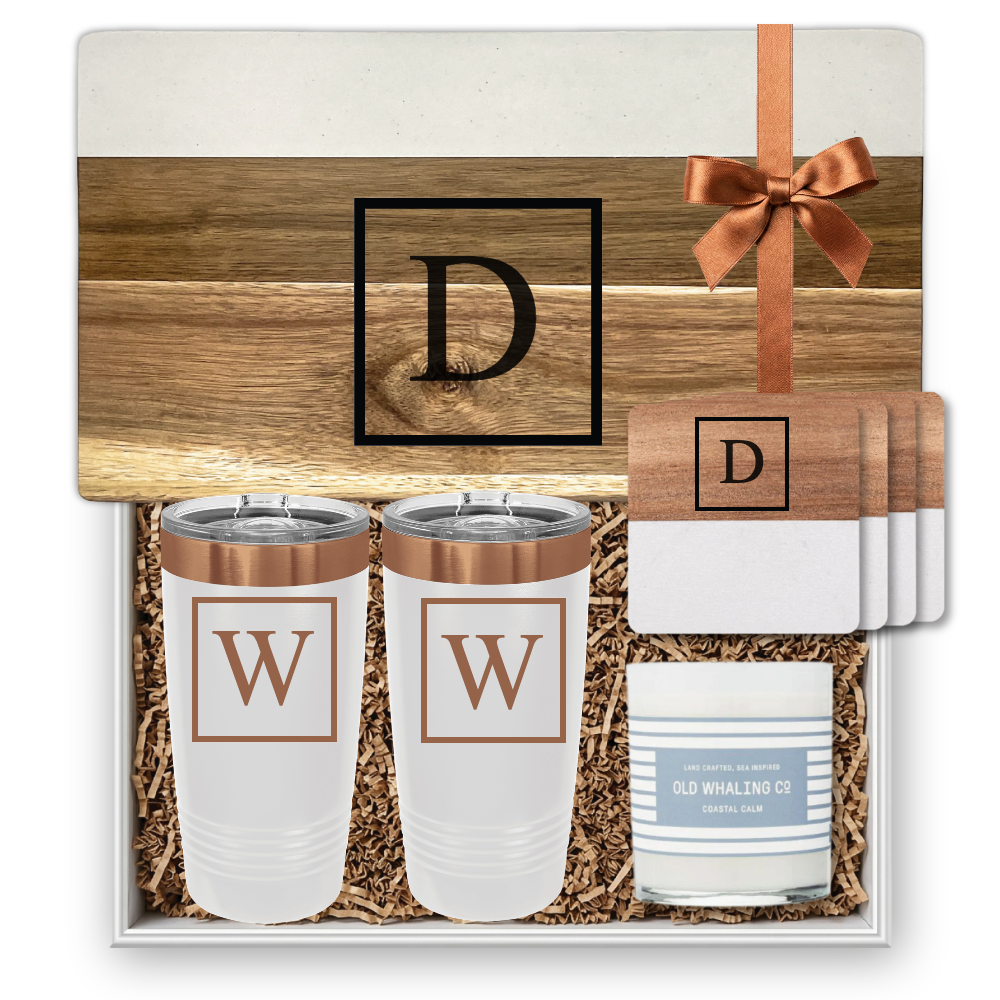 White Marble & Acacia Wood Large Serving Board Personalized Gift Set | Laser Engraved | Closing Day Gifts